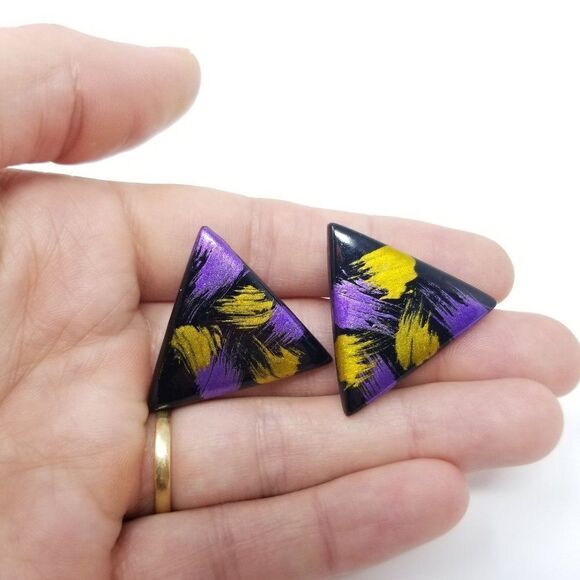 Vintage Purple and Yellow Triangle Stud Earrings, Funky Retro 80s Style Design - Picture 3 of 4